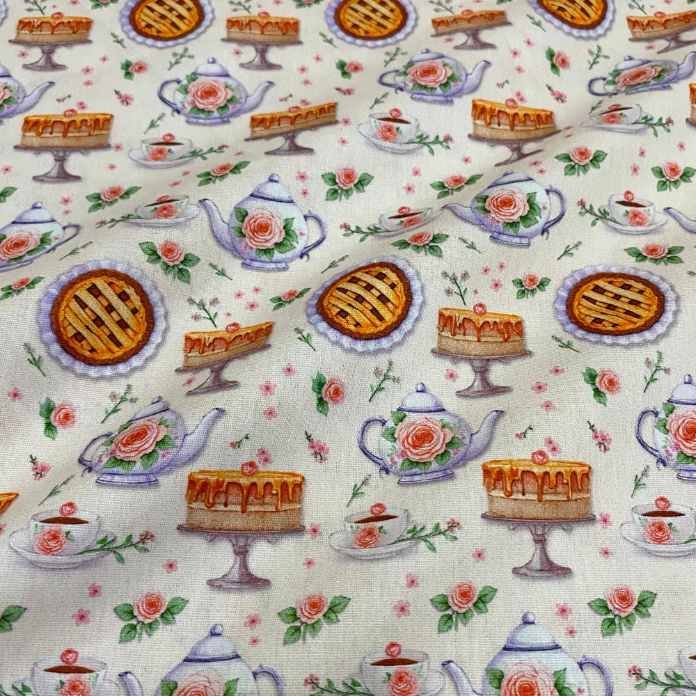 Tecido Tricoline Bolos e Tortas Bule e Xicaras Flores