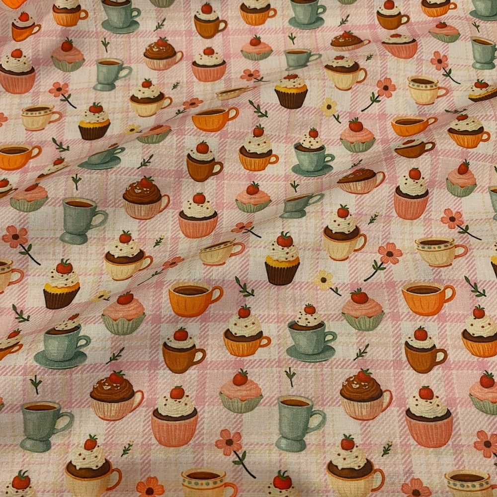 Tecido Tricoline Cup Cake e Xicaras Fundo Xadrez Rosa