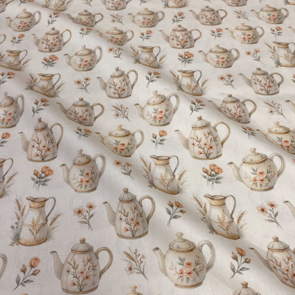 Tecido Tricoline Digital Bules e Flores Cozy Kitchen
