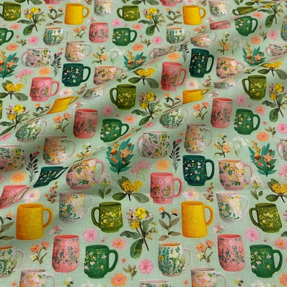 Tecido Tricoline Digital Canecas Coloridas Coleção Tea