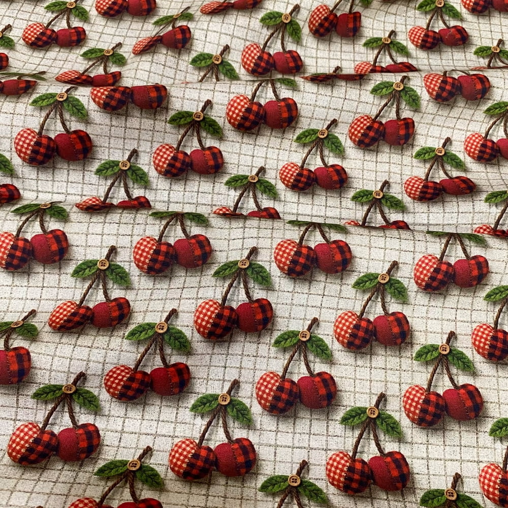 Tecido Tricoline Digital Cerejas 3D (Frutas Patchwork)
