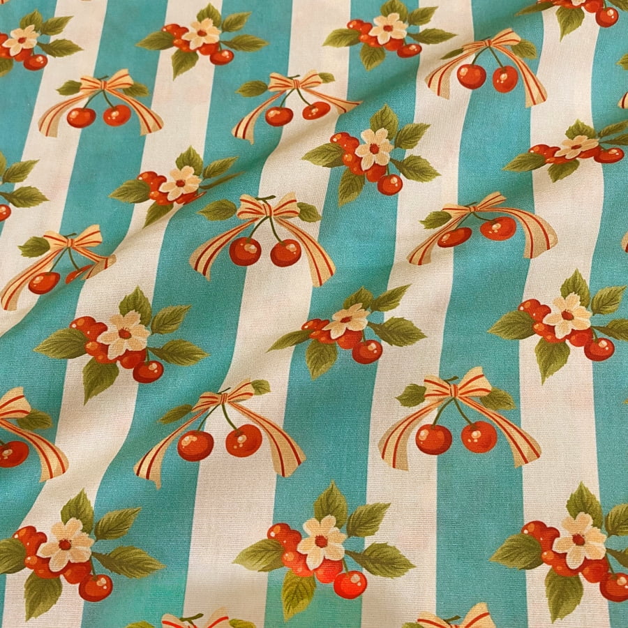 Tecido Tricoline Digital Cerejas Listras Grandes Coleção Cherry Bow