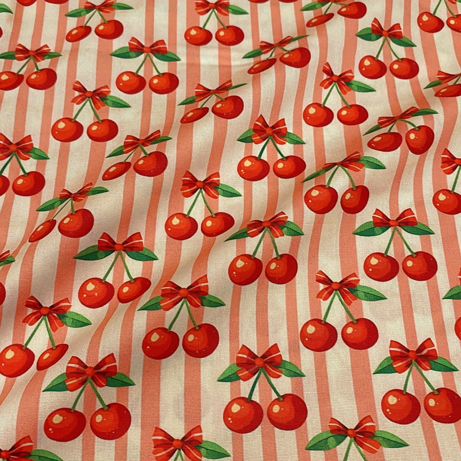 Tecido Tricoline Digital Cerejas Listras Pequenas Coleção Cherry Bow