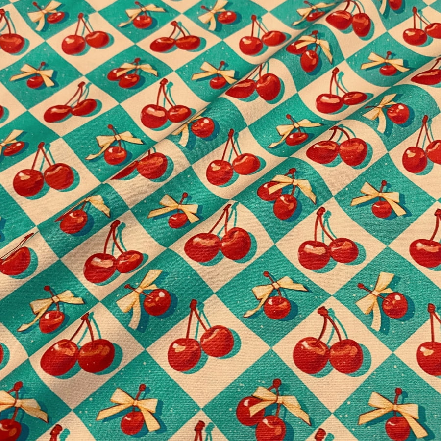 Tecido Tricoline Digital Cerejas Losangos Coleção Cherry Bow 