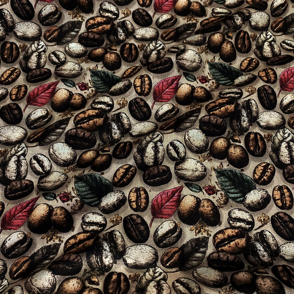 Tecido Tricoline Digital Folhas e Grãos de Café Coleção Café com Canela