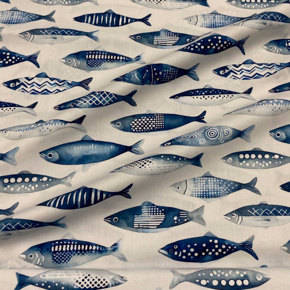 Tecido Tricoline Digital Grandes Sardinhas Azul e Branco
