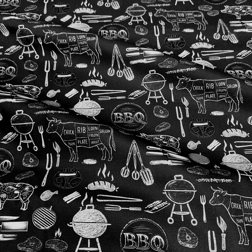 Tecido Tricoline Digital Itens Churrascos Preto Branco
