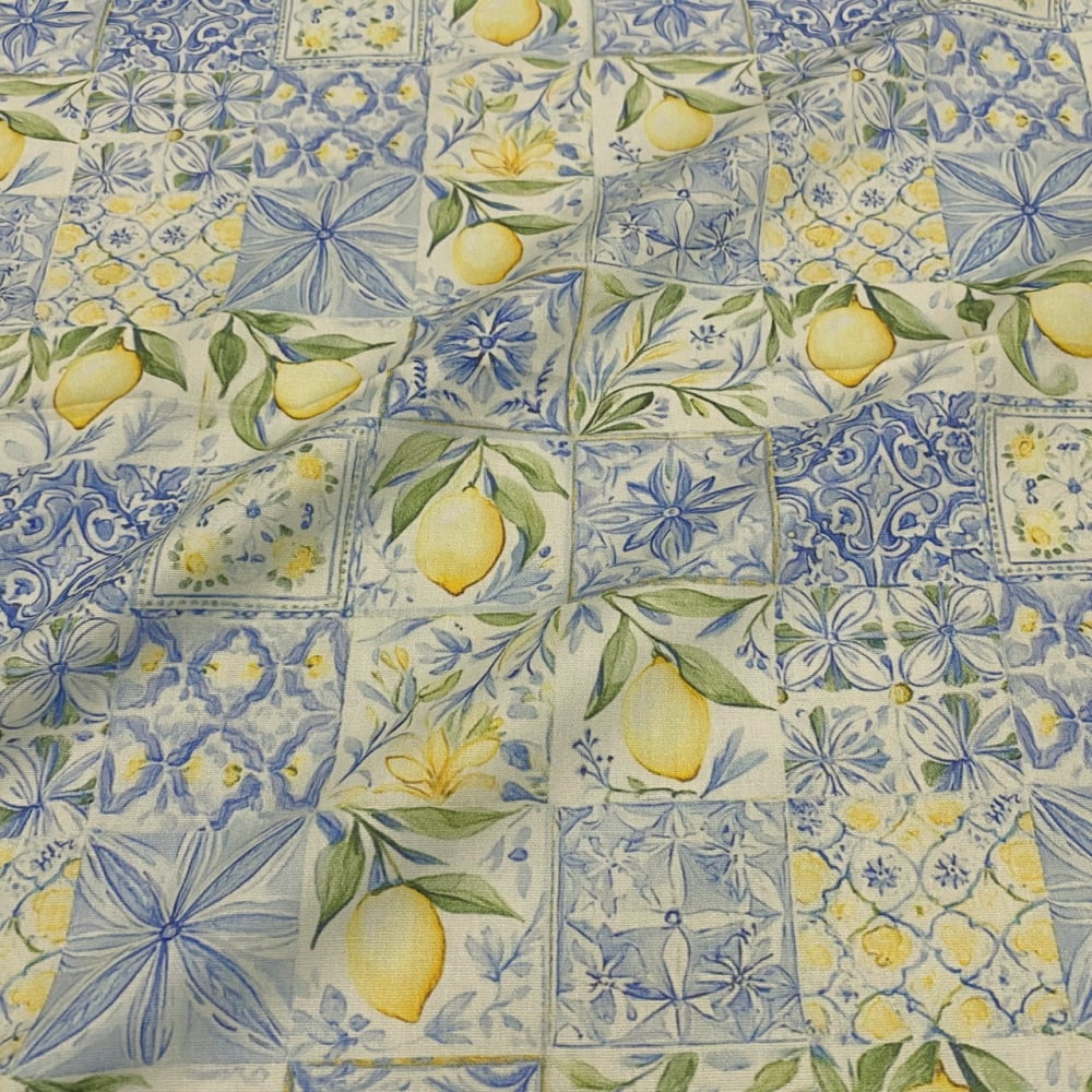 Tecido Tricoline Digital Ladrilhos e Limão Siciliano Delicado Coleção Amalfi