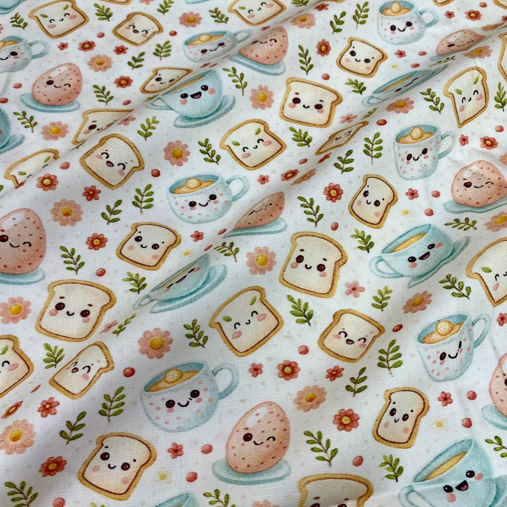 Tecido Tricoline Digital Lanche da Tarde Kawaii