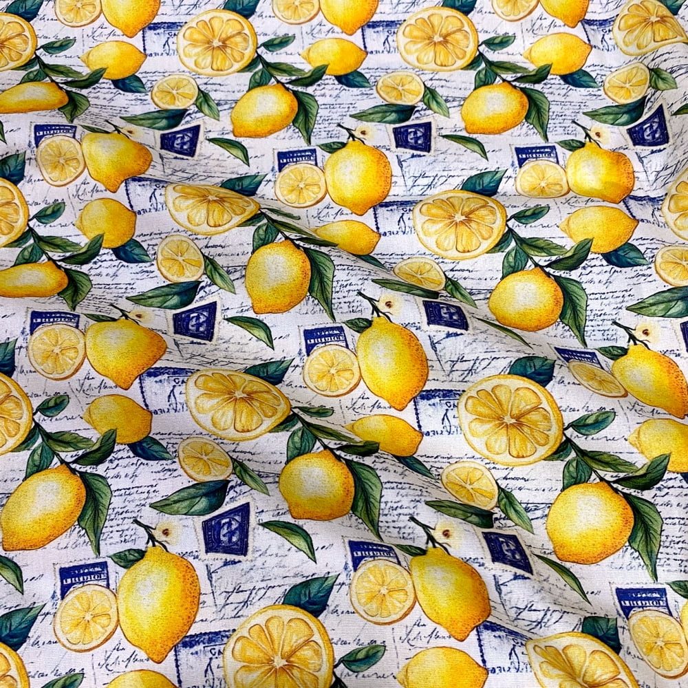 Tecido Tricoline Digital Limão Siciliano e Selos Cartas Coleção Lemon