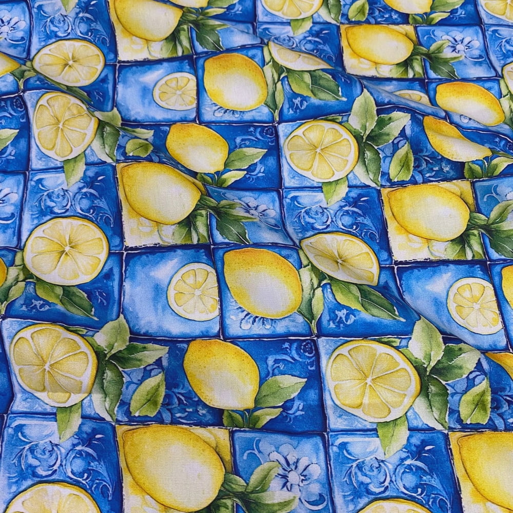 Tecido Tricoline Digital Limão Siciliano em Azulejos Azul Coleção Lemon