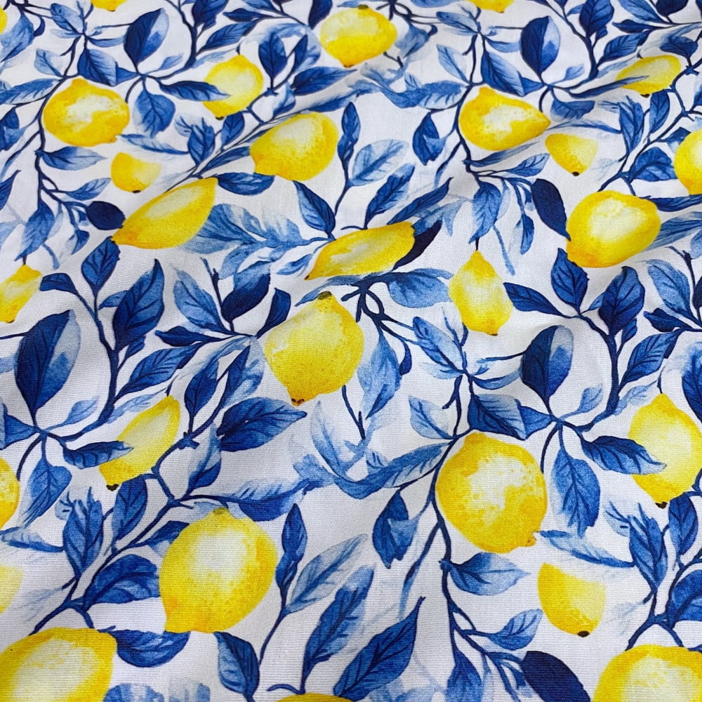Tecido Tricoline Digital Limão Siciliano Folhas Azul Aquarela Coleção Lemon