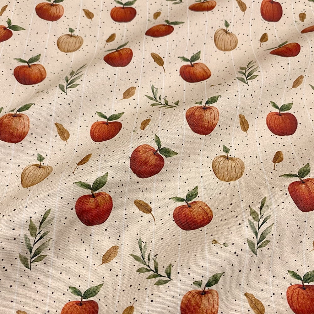 Tecido Tricoline Digital Maçãs e Folhas Fundo Bege Apple Cinnamon