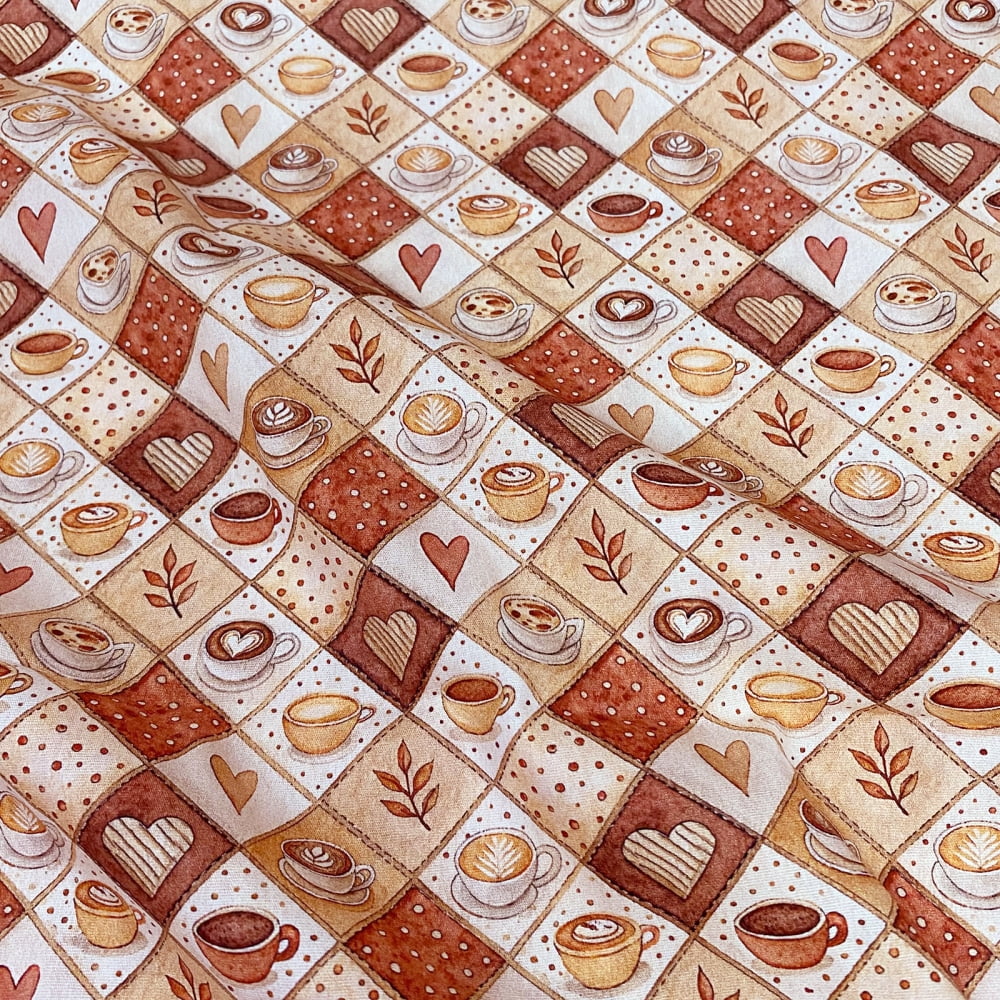 Tecido Tricoline Digital Quadradinhos Xicaras e Corações (Patch Cafe)