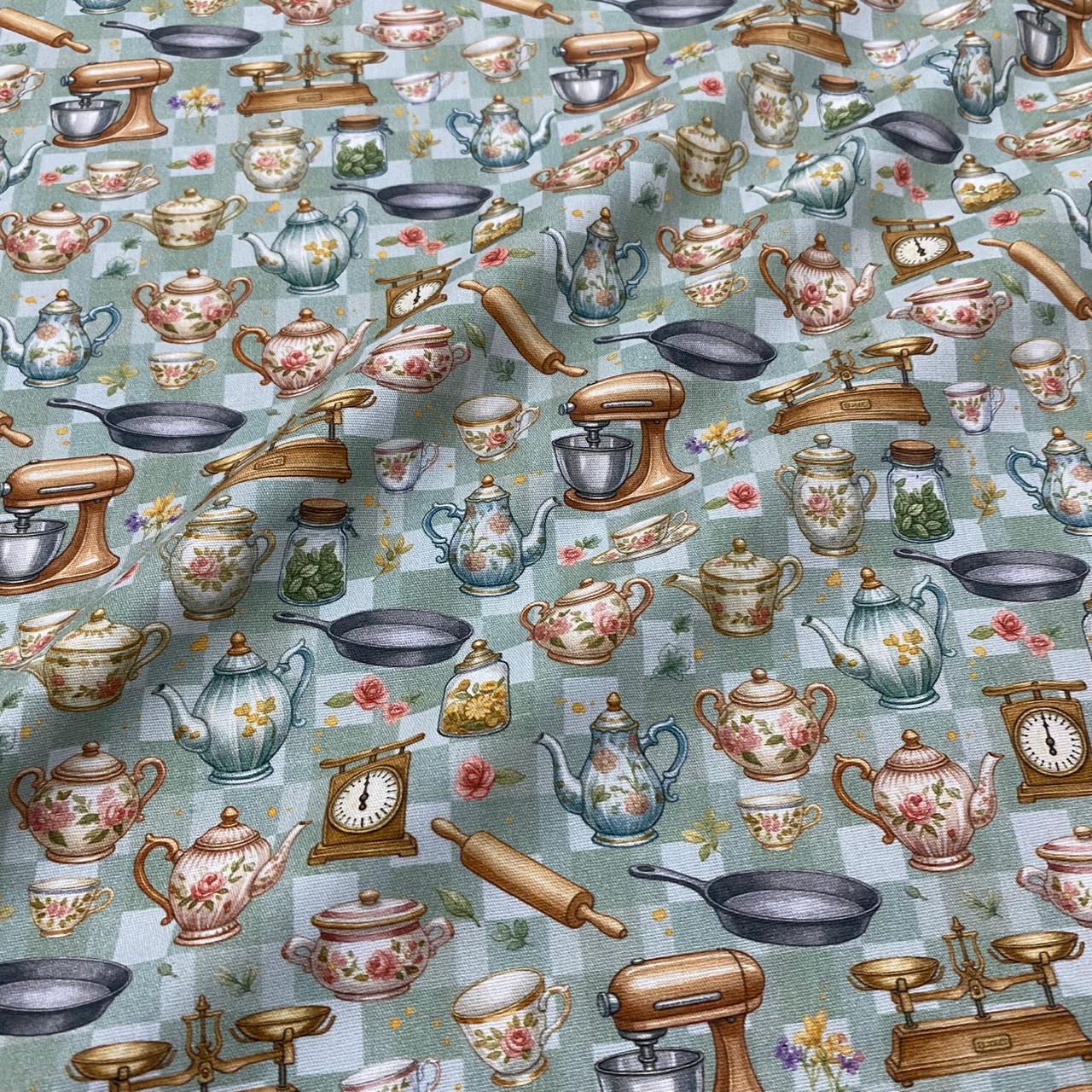 Tecido Tricoline Digital Utensilios de Cozinha Fundo Xadrez Verde