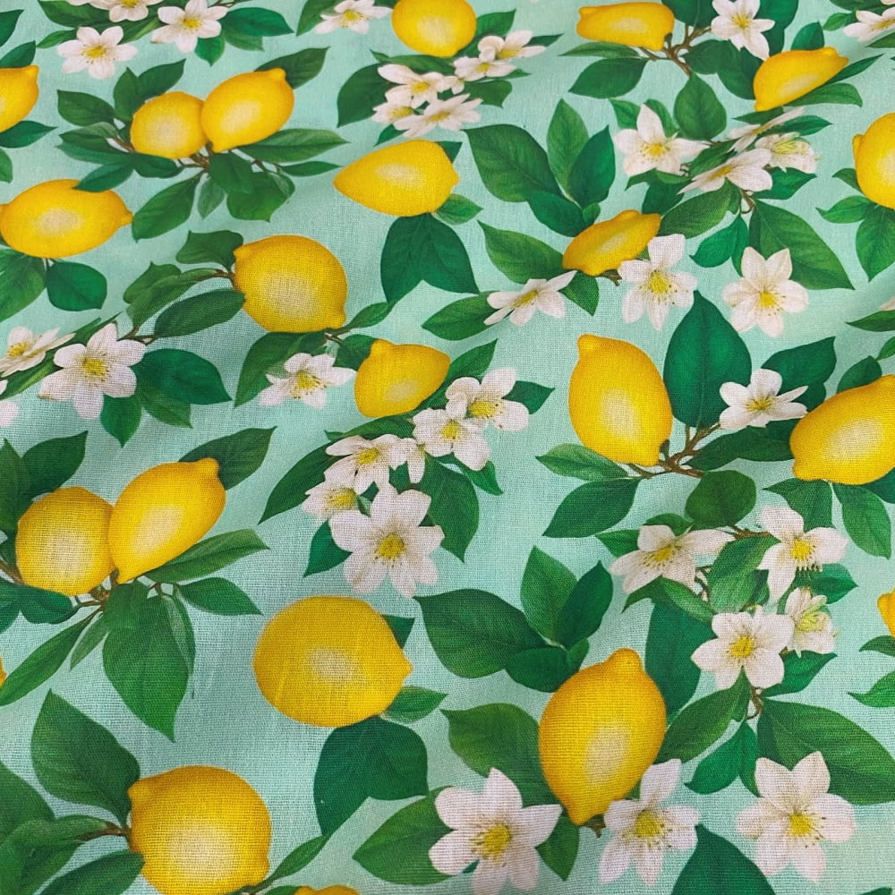 Tecido Tricoline Flor de Limão Siciliano Fundo Verde