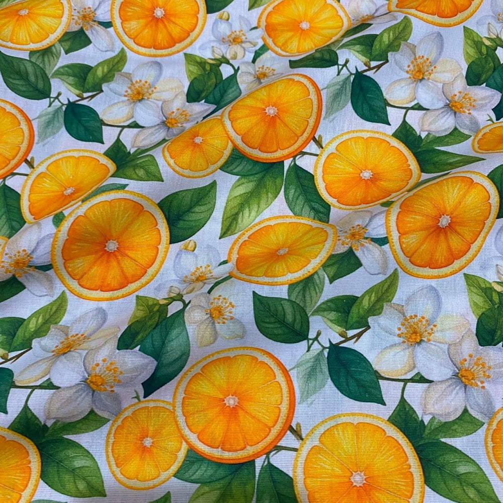Tecido Tricoline Frutas Flor de Laranjeira Laranja