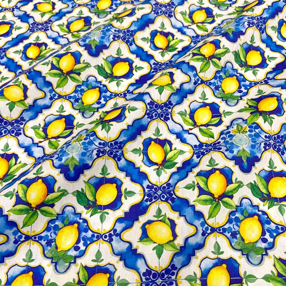 Tecido Tricoline Limão Siciliano e Ladrilhos Azul