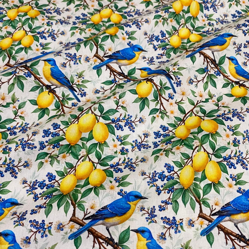 Tecido Tricoline Limão Siciliano e Pássaros Flores Fundo Off