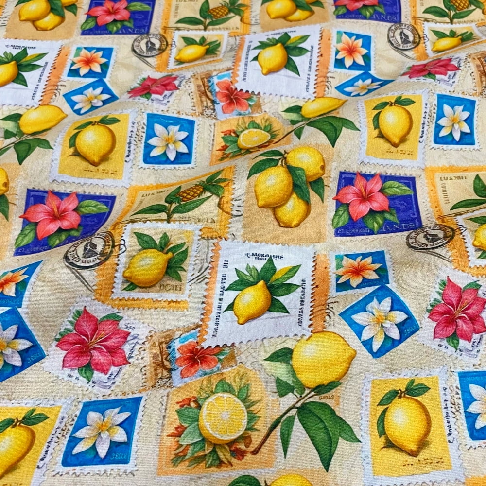 Tecido Tricoline Limão Siciliano e Selos Postais Flor