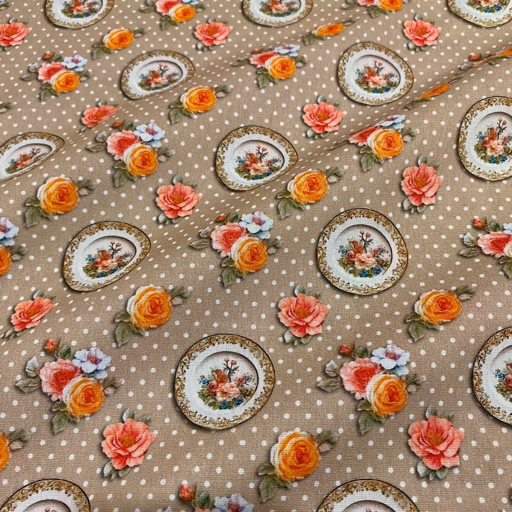 Tecido Tricoline Louças e Flores Fundo Poa Bege (Coleção Camellia)