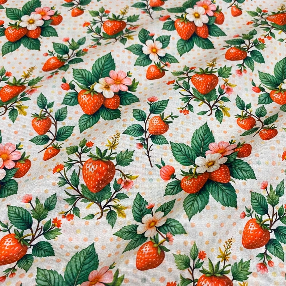 Tecido Tricoline Morangos e Flores Fundo Cru