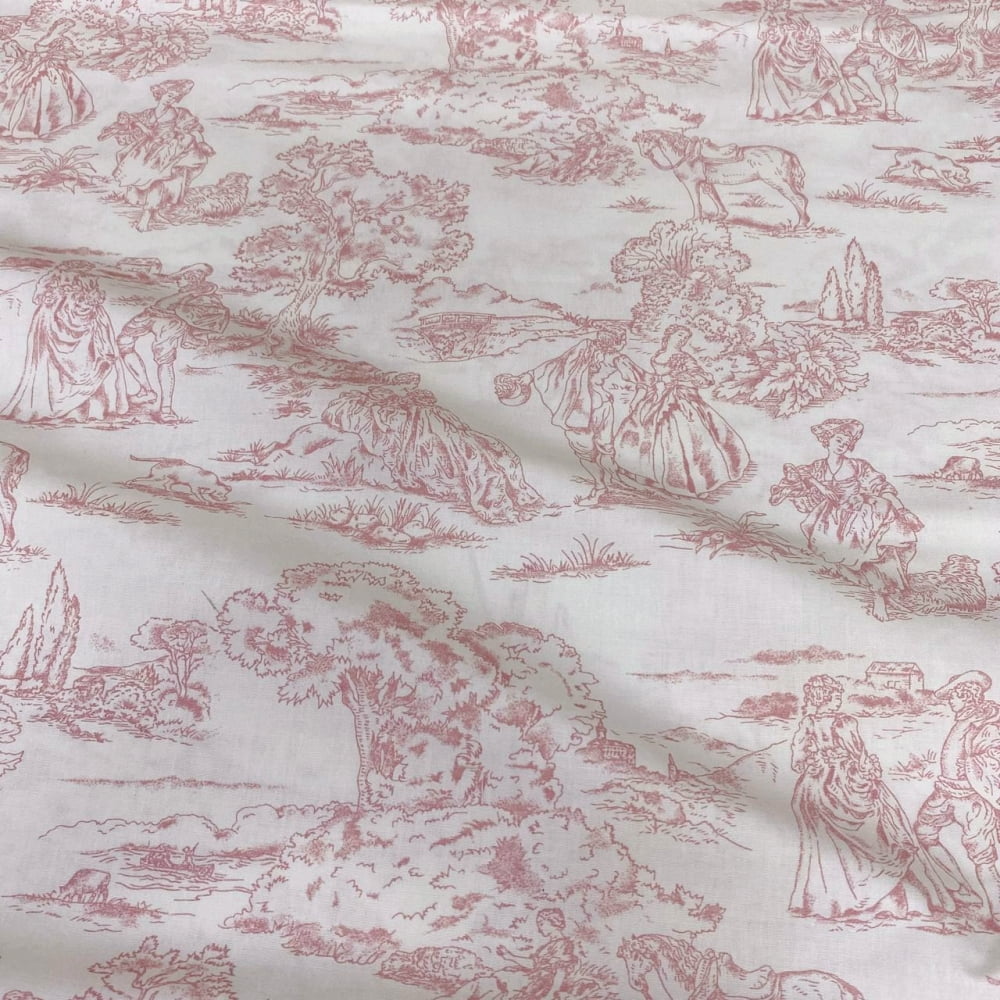 Tecido Tricoline Toile de Jouy Rosa Branco