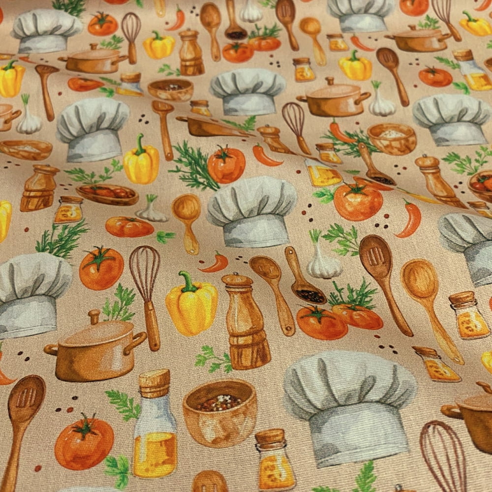 Tecido Tricoline Utensílios de Cozinha e Temperos