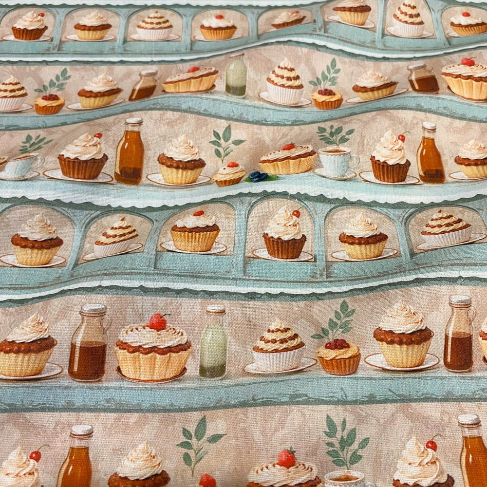 Tecido Tricoline Vitrine de Doces Cupcake Verde Bege