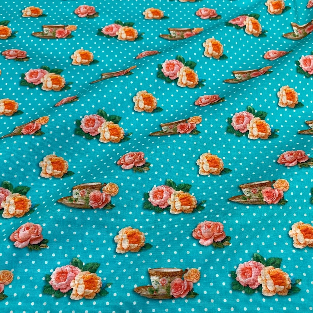 Tecido Tricoline Xicaras e Flores Fundo Poa Azul Tiffany (Coleção Camellia)