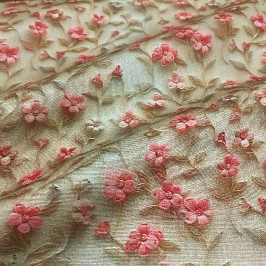 Tecido Tricoline Digital 3D Floral Rosa Fundo Marfim Coleção Forget Me Not 