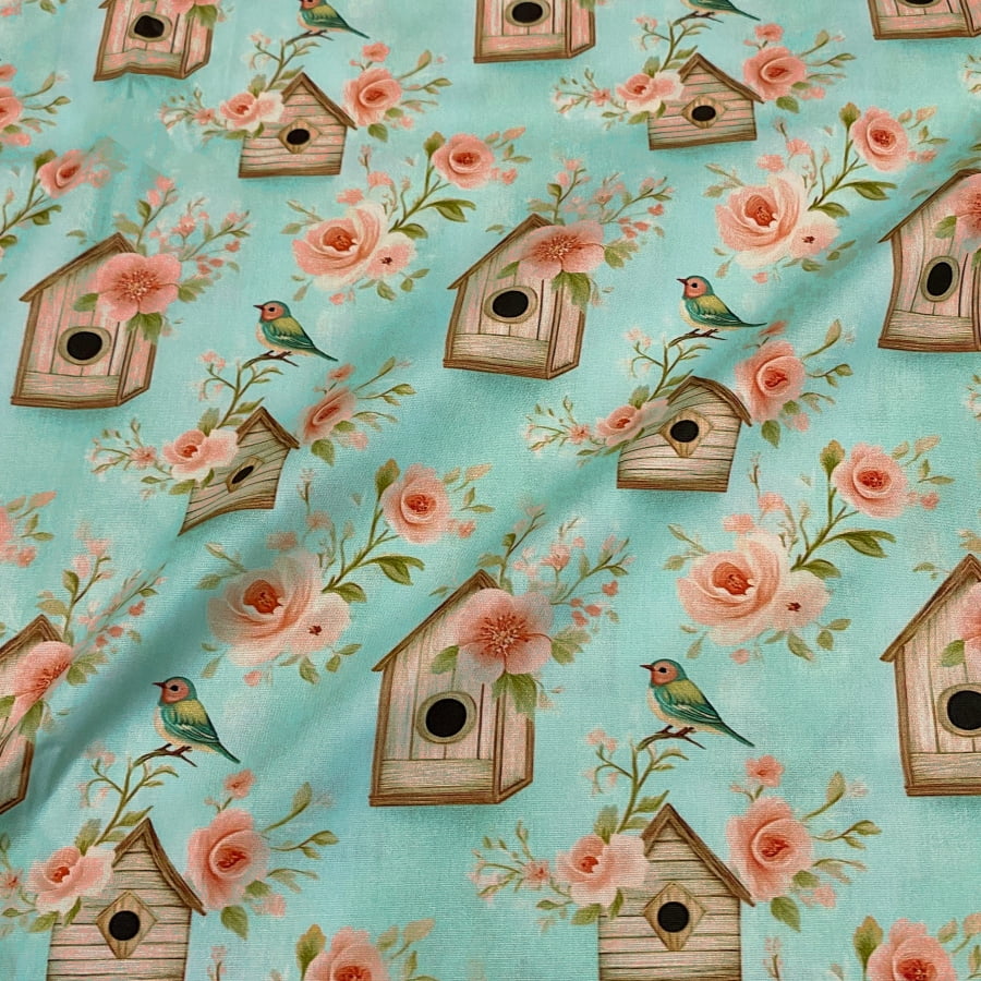 Tecido Tricoline Digital Casa de Passarinho Coleção Dreamy