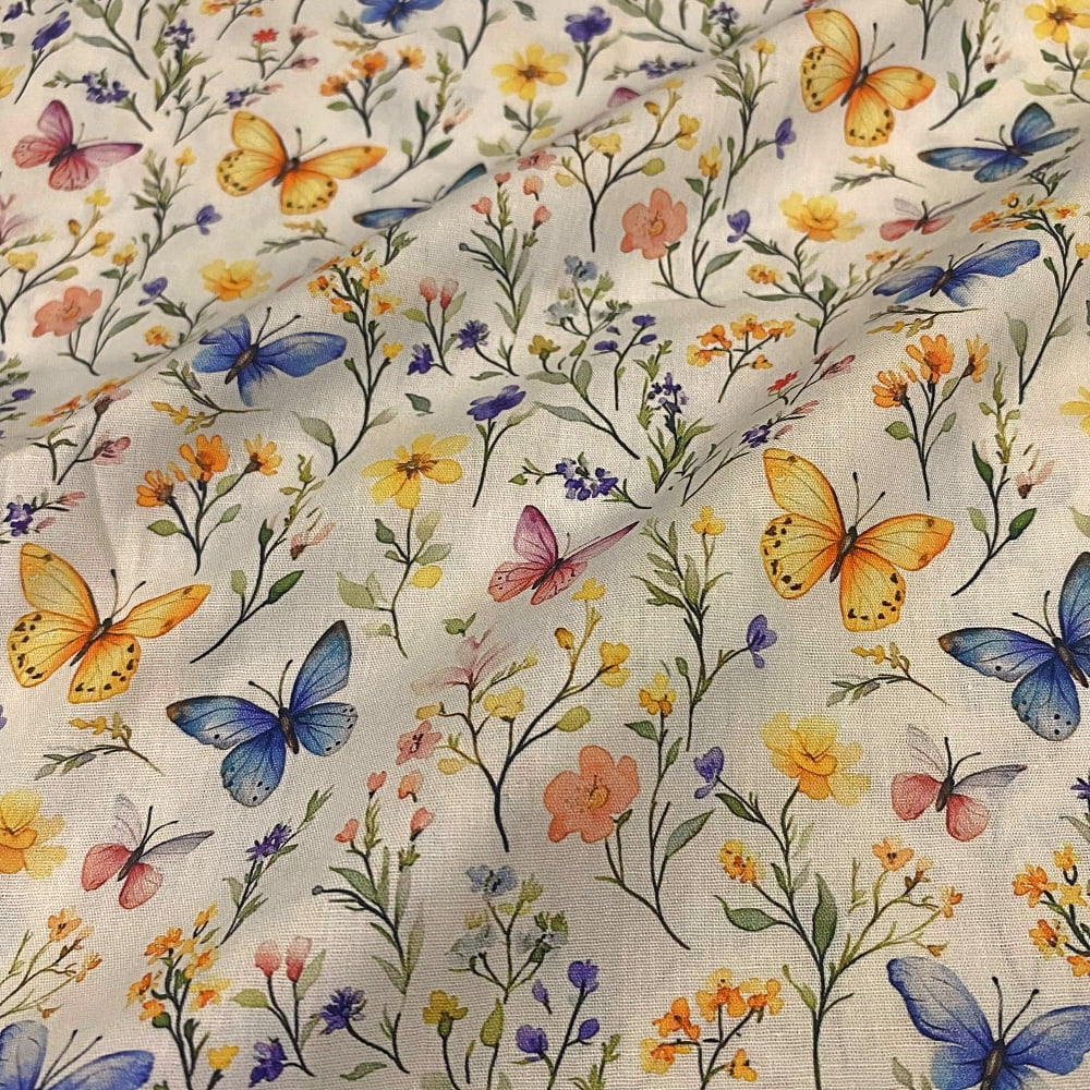 Tecido Tricoline Digital Floral Borboletas no Jardim Colorido