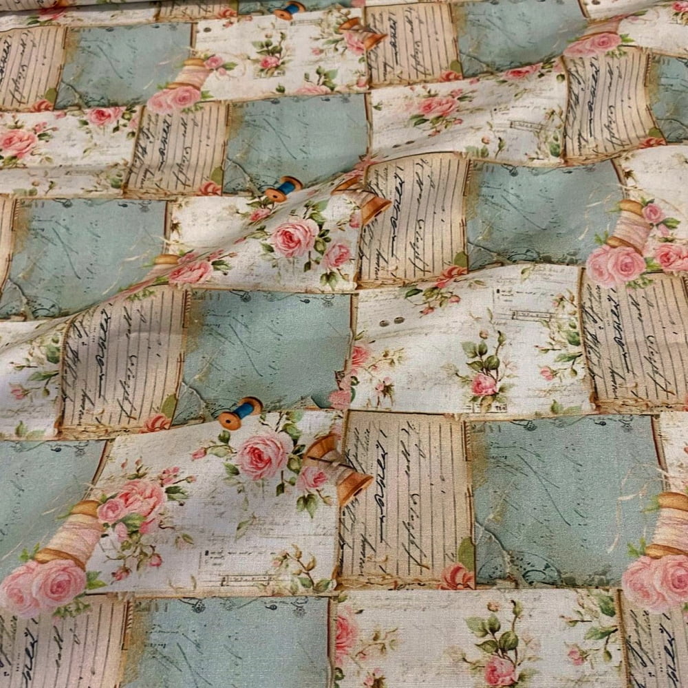 Tecido Tricoline Digital Floral Cartas e Rosas Vintage Coleção Costureiras & Ateliê