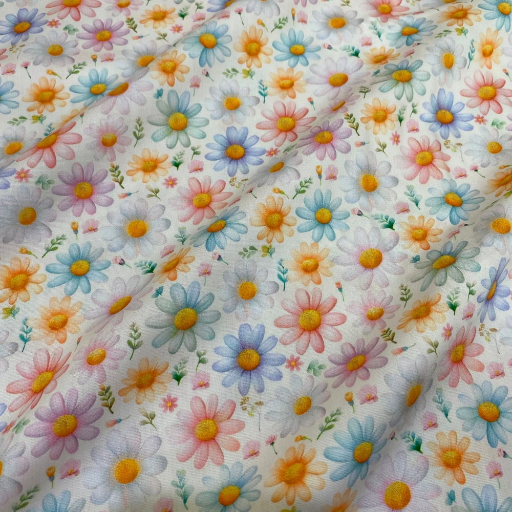 Tecido Tricoline Digital Floral Colorido Fundo Branco