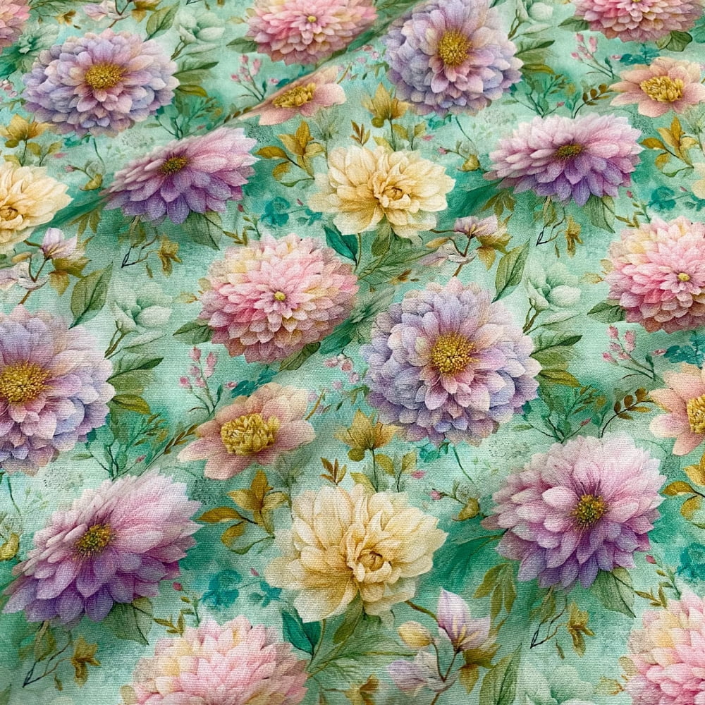 Tecido Tricoline Digital Floral Dalias Lilas Amarelo Rosa Fundo Verde (Adorable Garden)
