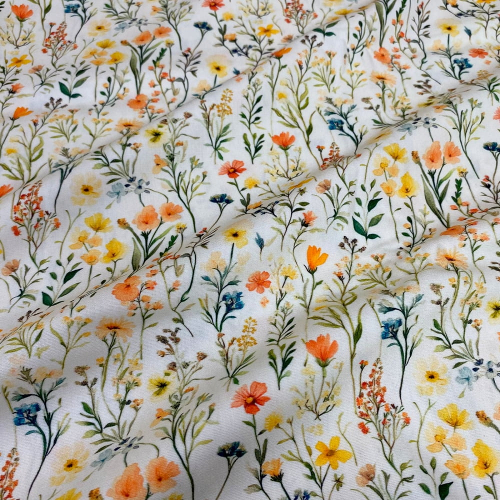 Tecido Tricoline Digital Floral Delicado Colorido Fundo Cru