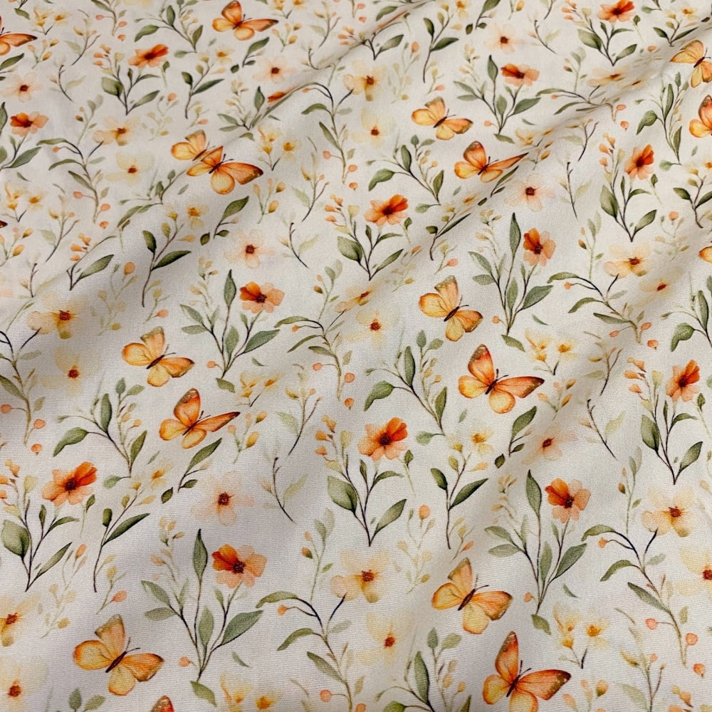 Tecido Tricoline Digital Floral Delicado e Borboletas Laranja (Orange Spring)