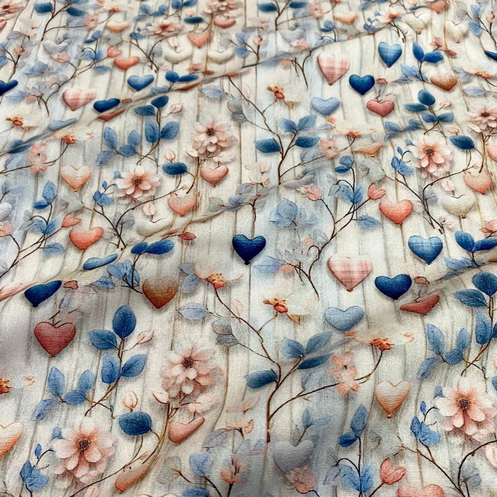 Tecido Tricoline Digital Floral e Corações Rose Azul (Shabby Love)