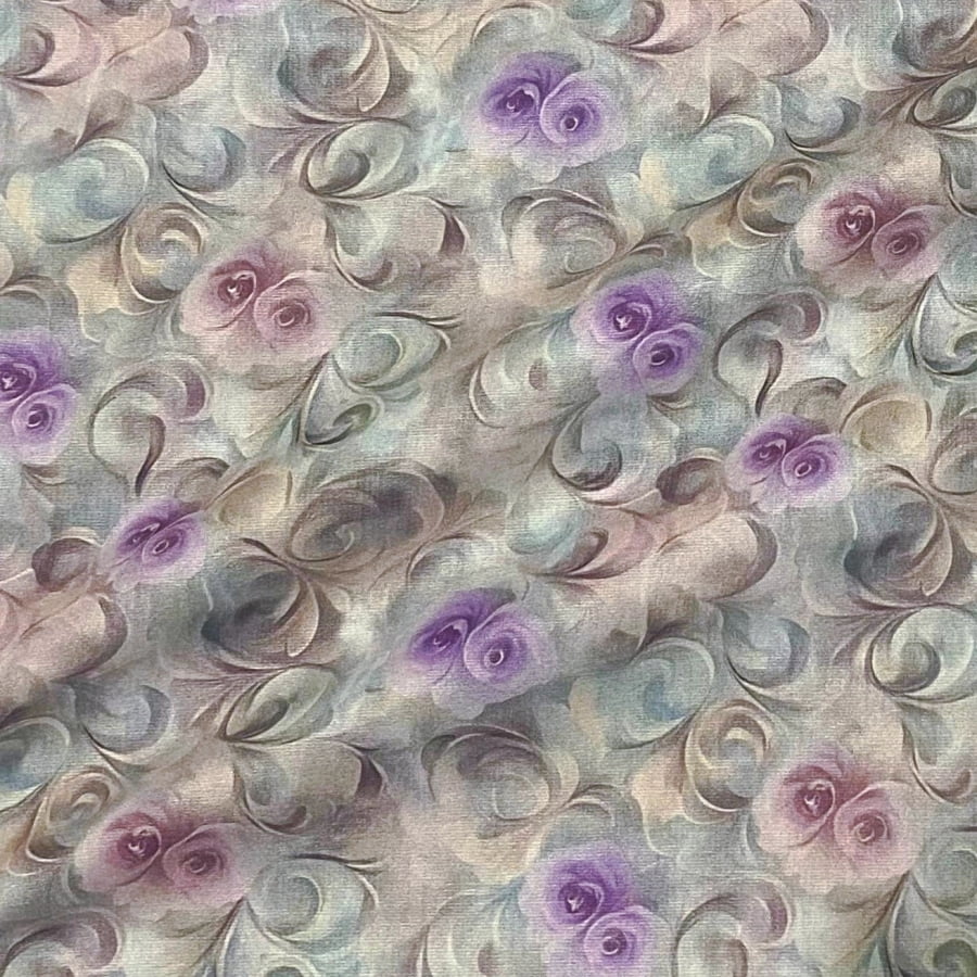 Tecido Tricoline Digital Floral Espiral Rosas Lilás Coleção Lavandisca 