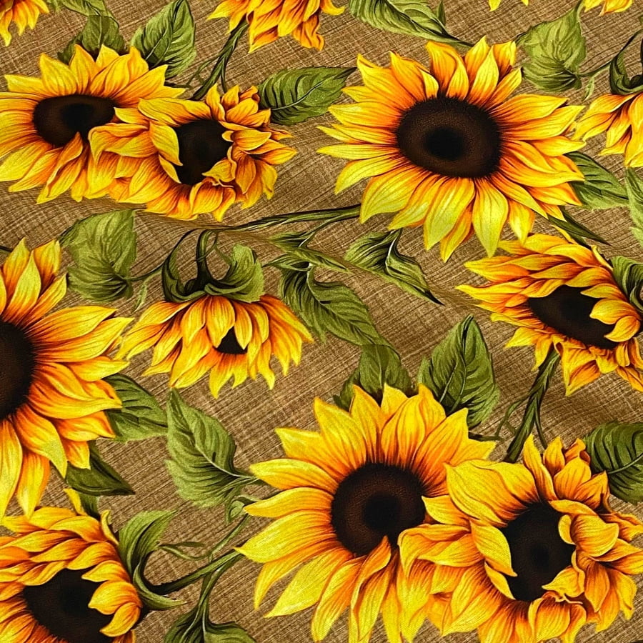 Tecido Tricoline Digital Floral Girassol Grande Fundo Traminha Bege Escuro