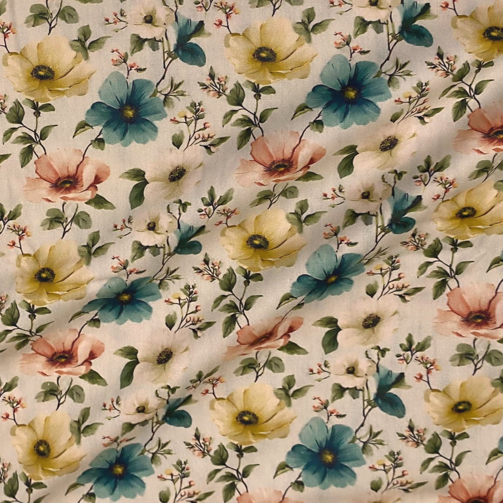 Tecido Tricoline Digital Floral Grande Azul Amarelo e Rosa