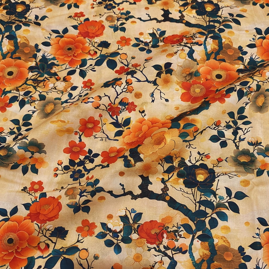 Tecido Tricoline Digital Floral Grande Fundo Claro Coleção Flores do Oriente 