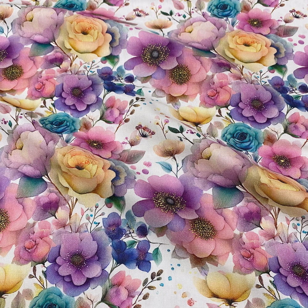 Tecido Tricoline Digital Floral Grande Roxo Fundo Branco (Jardim Violeta)