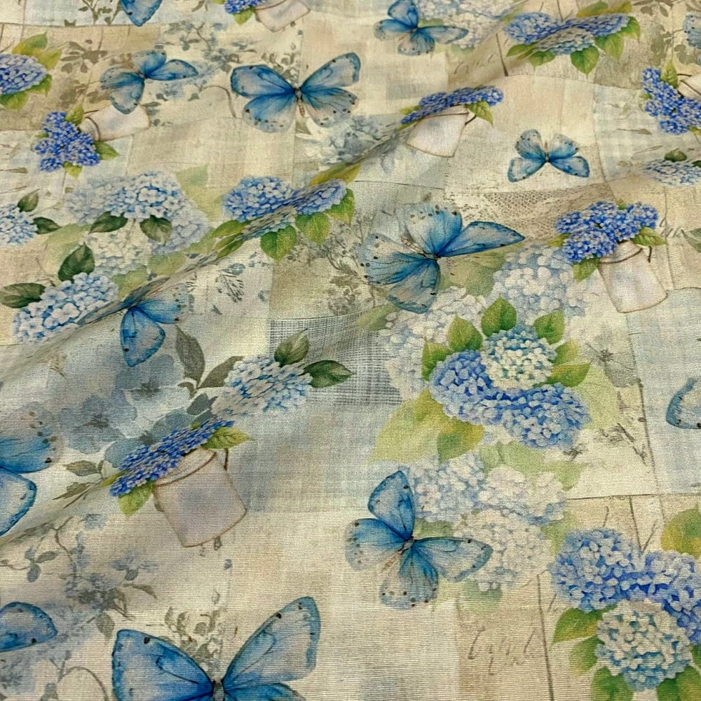 Tecido Tricoline Digital Floral Hortensias e Borboletas Azul Coleção Hortênsias