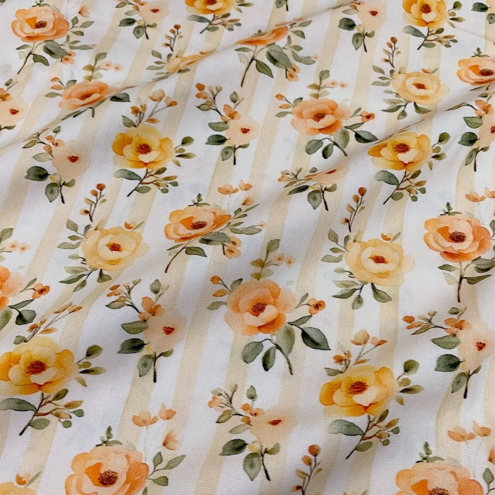Tecido Tricoline Digital Floral Laranja Medio Fundo Listra (Orange Spring)