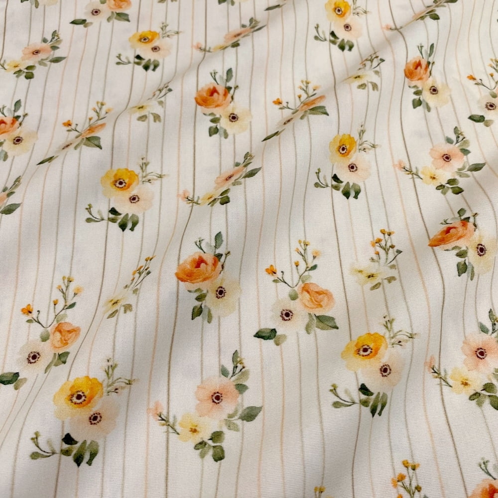 Tecido Tricoline Digital Floral Laranja Pequeno Fundo Listra (Orange Spring)