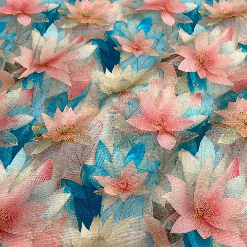 Tecido Tricoline Digital Floral Lotus Rosa Azul (Flor de Vidro)