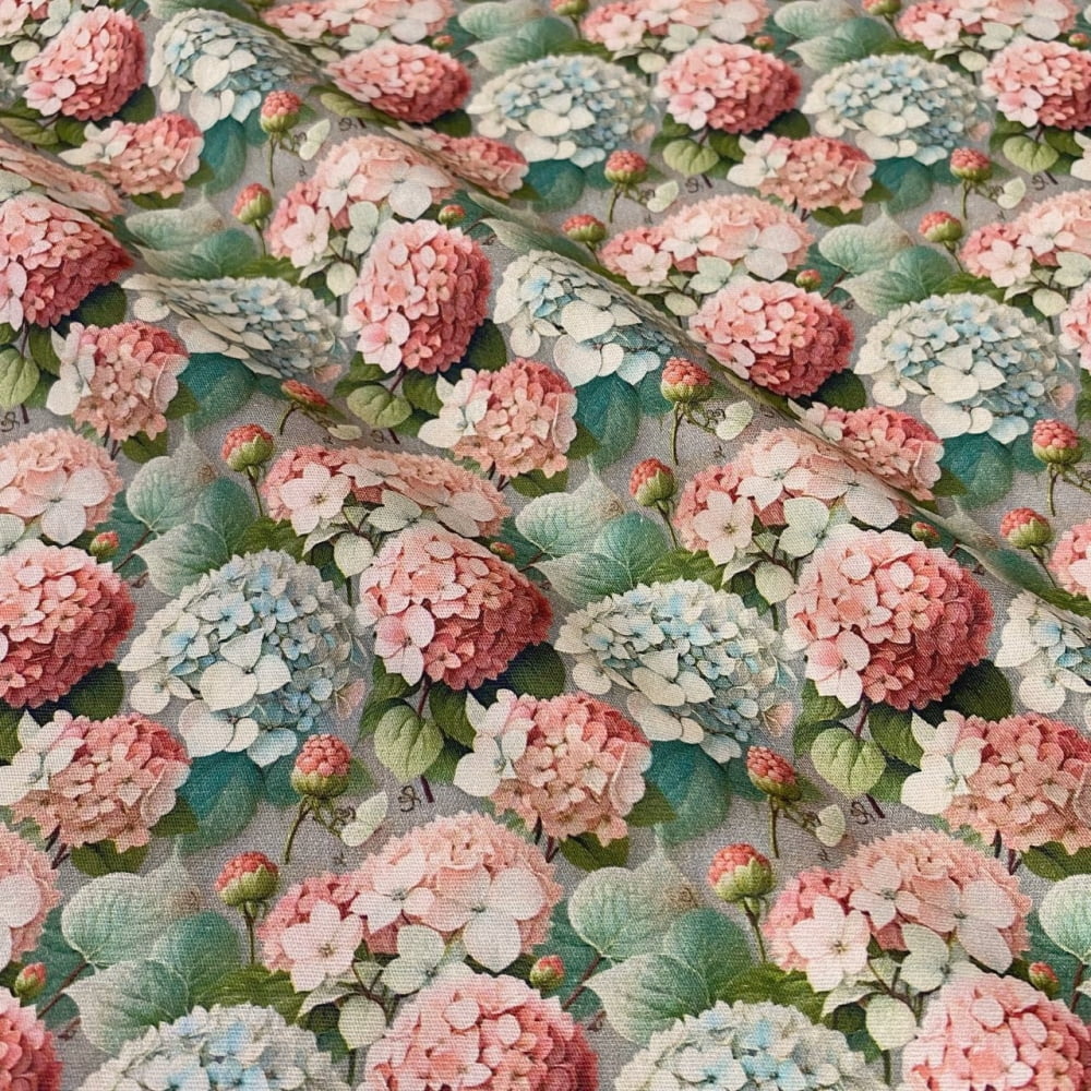 Tecido Tricoline Digital Floral Medio Hortensias Rosa Azul - Coleção Pink Hydrangeas