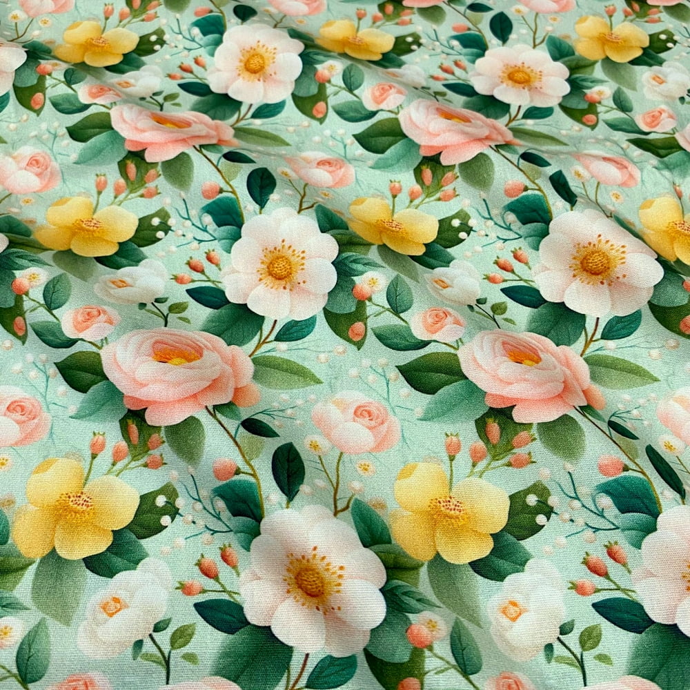 Tecido Tricoline Digital Floral Médio Rosa e Amarelo Fundo Verde Bela Flora